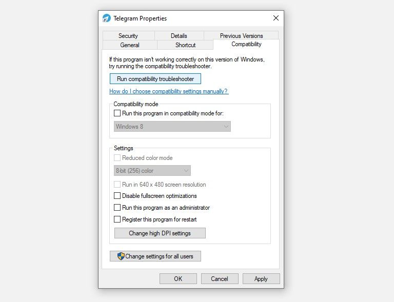 Running Compatibility Troubleshooter In Telegram Apps Properties on Windows