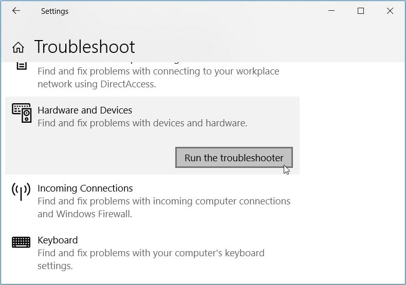 Running the Hardware and Devices Troubleshooter