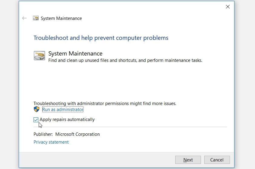 Ejecución del Solucionador de problemas de mantenimiento del sistema en Windows