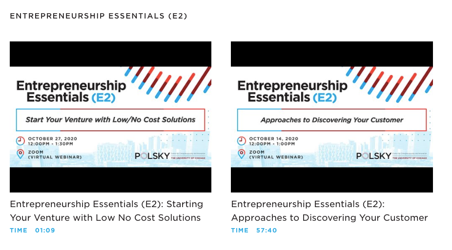 Screenshot of Entrepreneurship Essentials (E2) course sessions