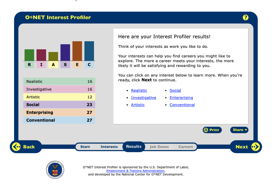 Screenshot of ONet Interest Profiler Career Aptitude Test