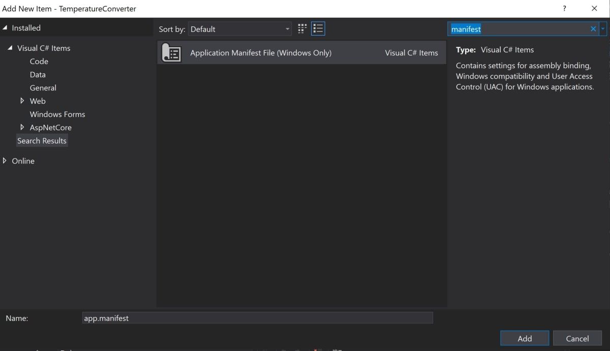 Search And Select Manifest File in Visual Studio
