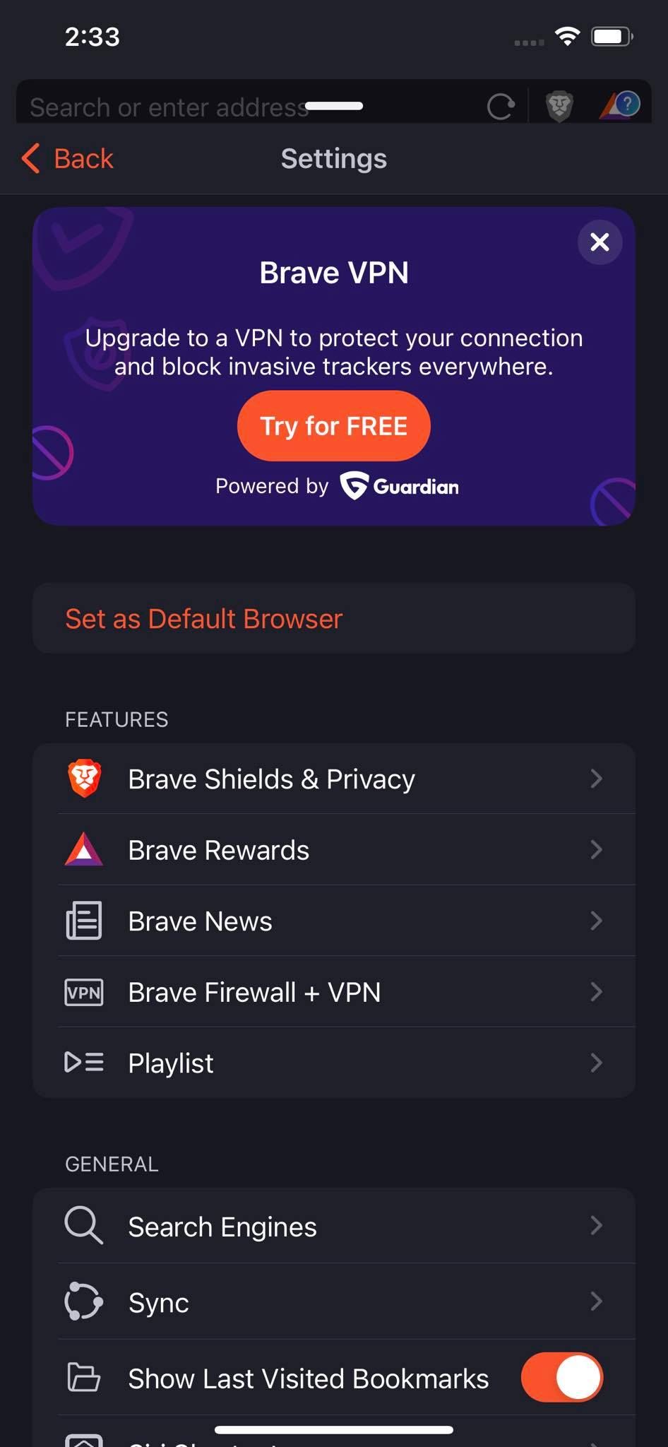 Search Engine Settings in Brave Browser for iOS