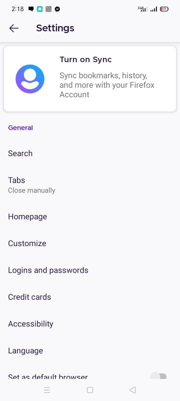 Search Settings in Firefox for Android