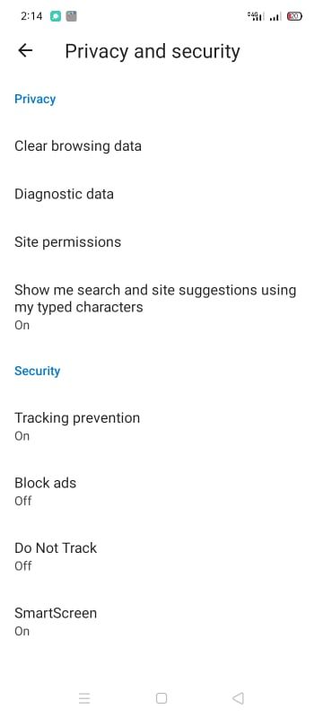 Search Suggestion Option in Privacy and Security Settings of Edge for Android