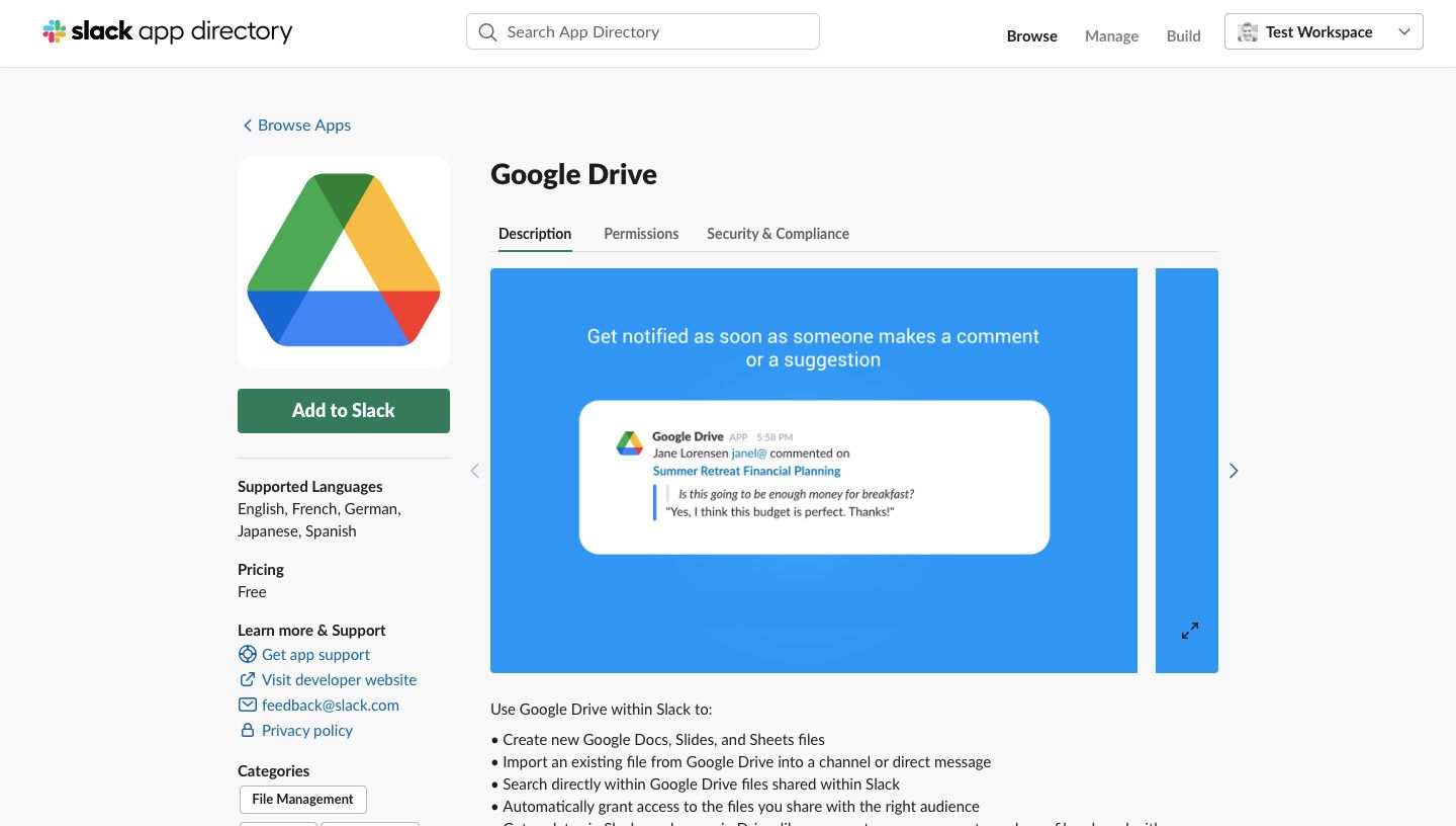 تصویر صفحه فرود برنامه Google Drive را در فهرست برنامه Slack نشان می دهد