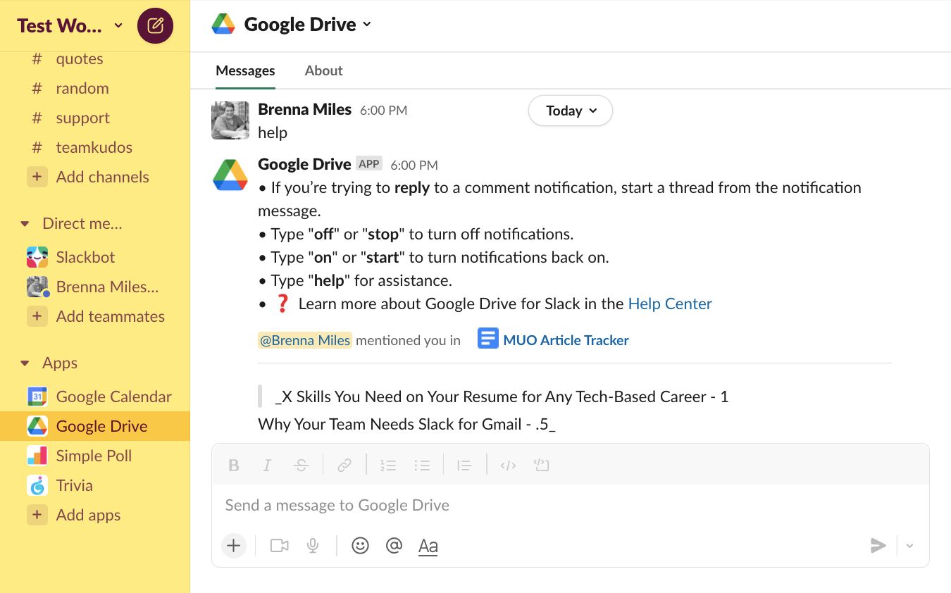 تصویر برنامه Google Drive را در Slack نشان می دهد