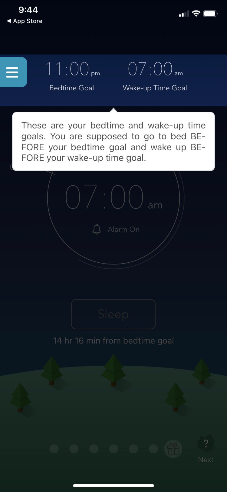 Sleeptown app bedtime and wakeup goals