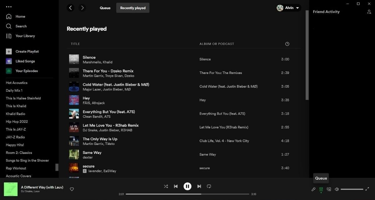 Recently played on Spotify's desktop app