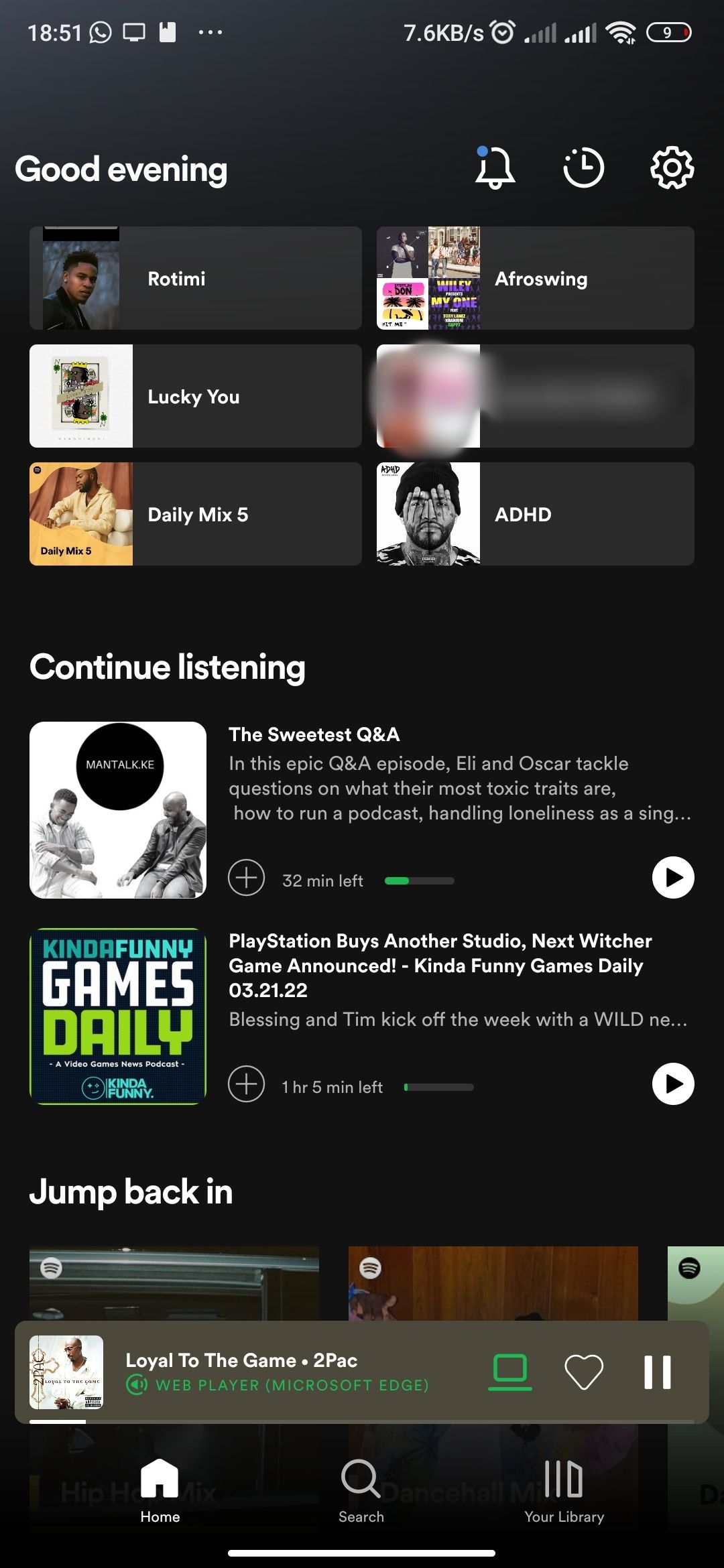 Spotify's mobile app homepage