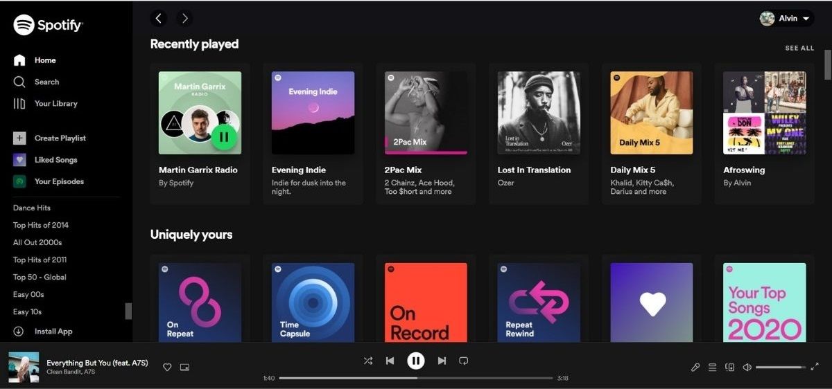 Recently played section in Spotify's Web player
