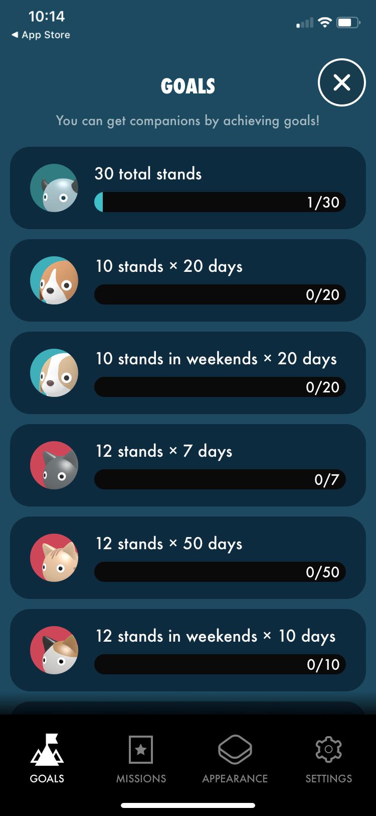 Standland app goals screen