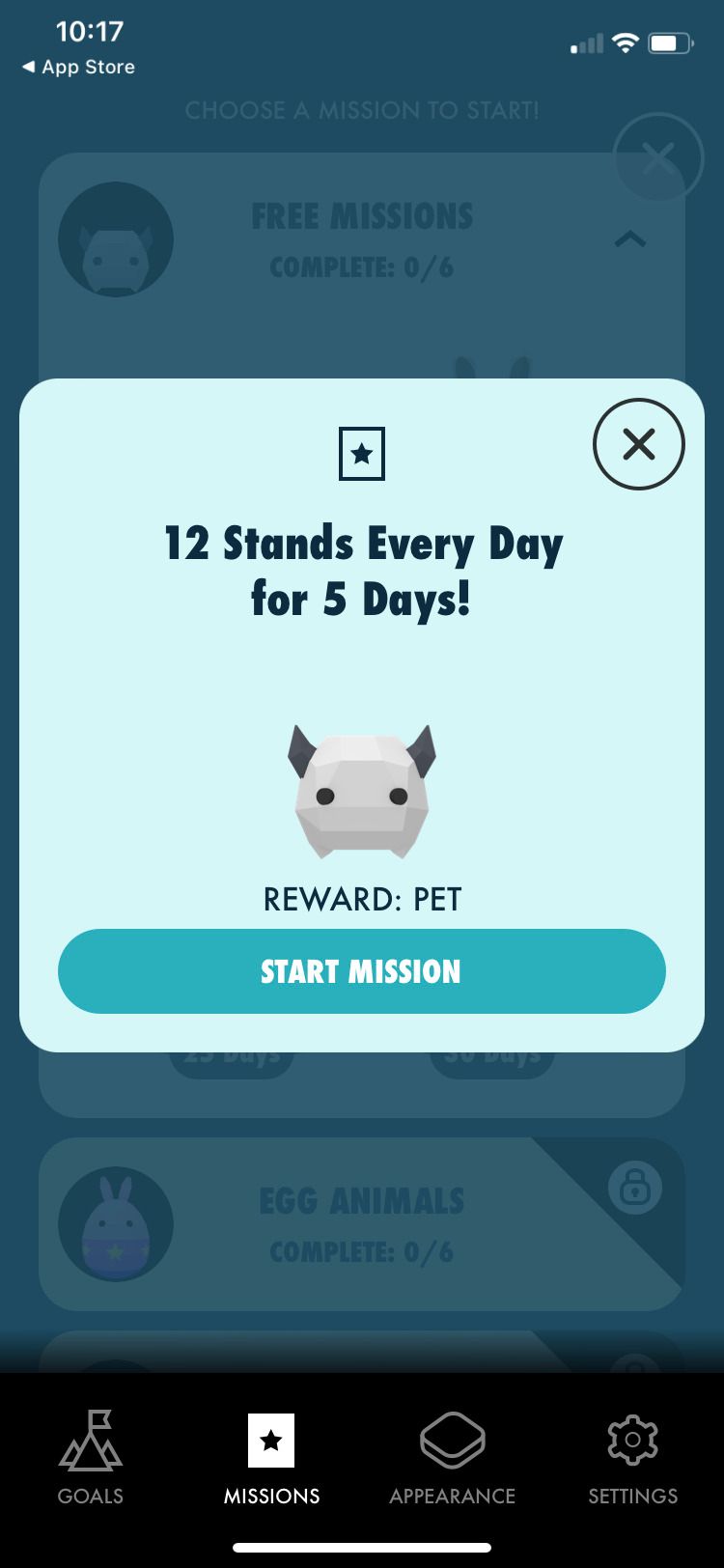 Standland app missions screen