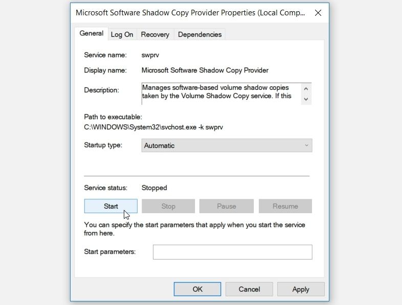 Starting the Microsoft Software Shadow Copy Provider Service