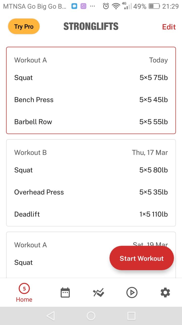 StrongLifts app daily workout plan