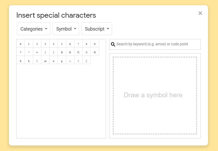 درج یک اشتراک از پنجره Google Docs Special Characters