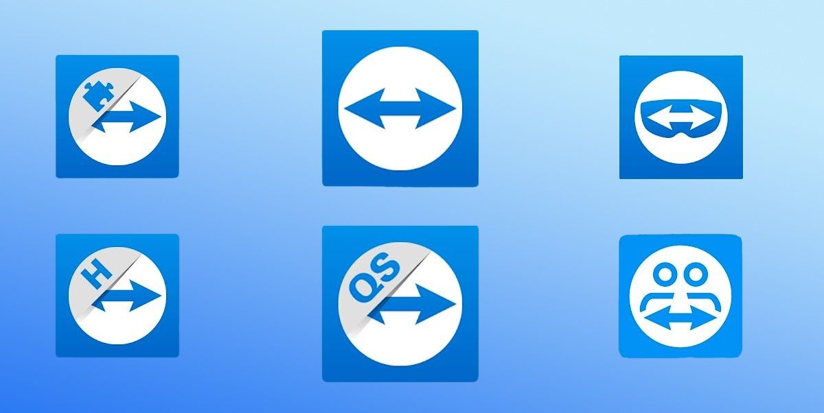 Six TeamViewer App logos on a blue background.