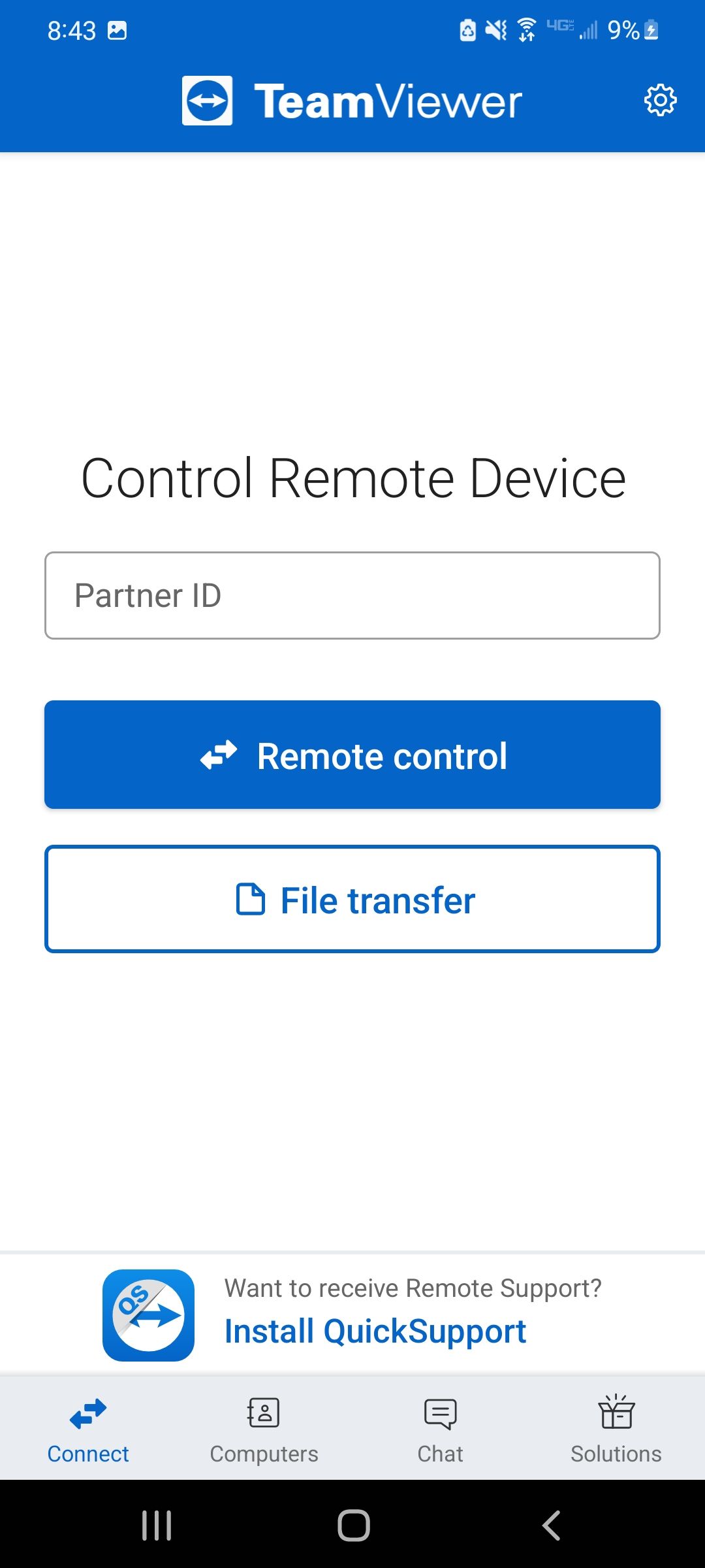 TeamViewer Remote Control menu, requesting an ID for connection.
