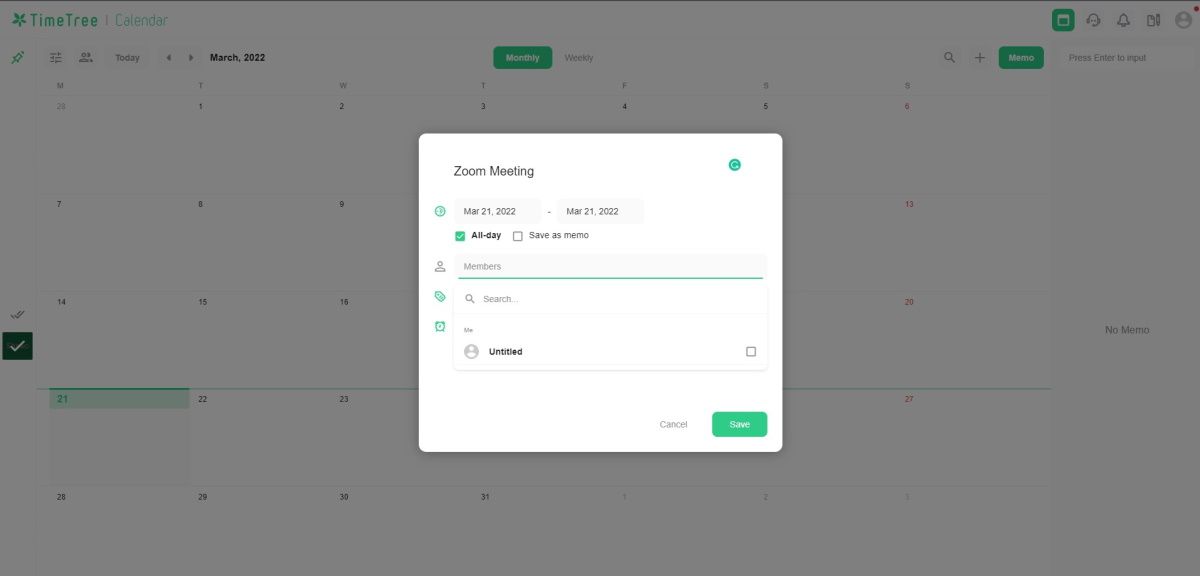 Screenshot of TimeTree showing how to add a meeting