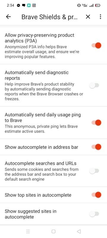 خاموش کردن پیشنهادات جستجو در Brave برای Android