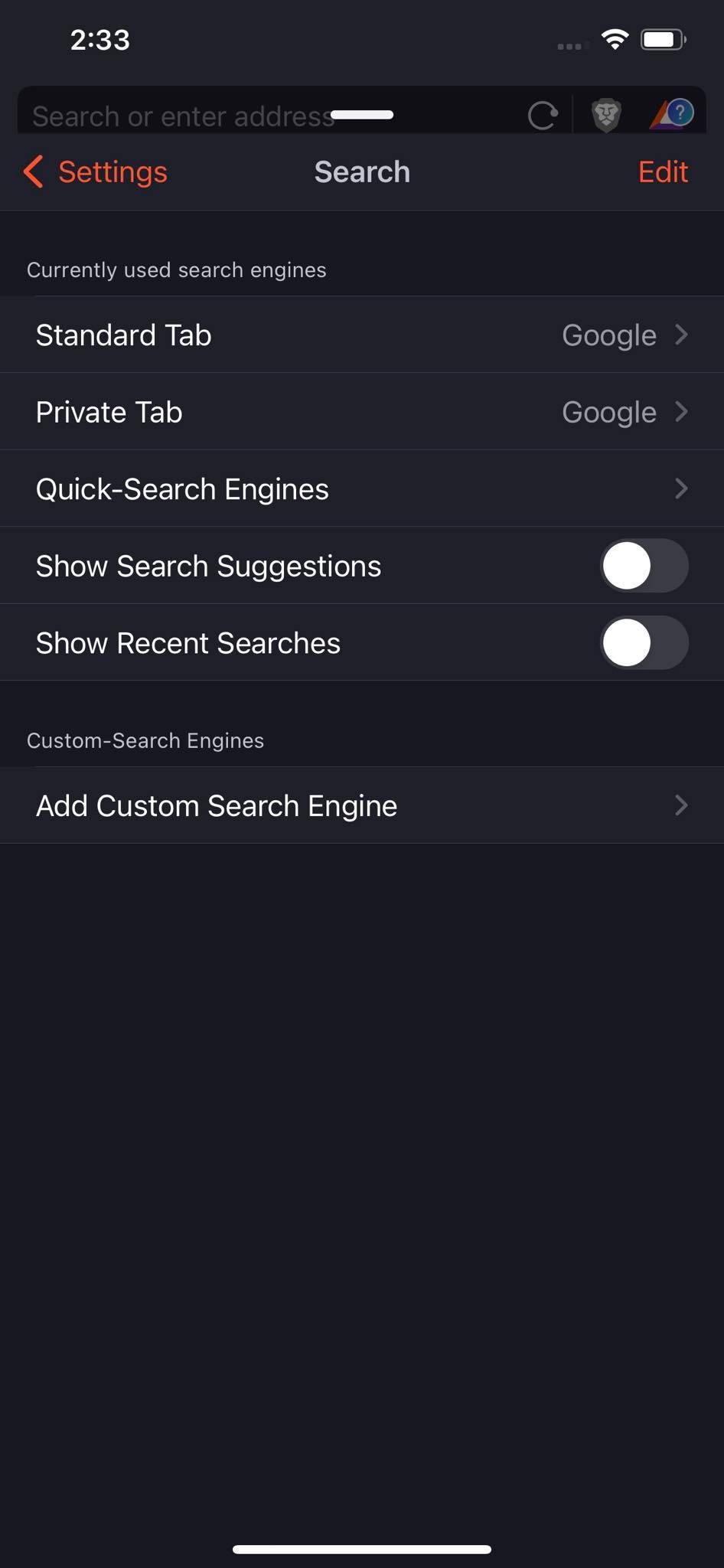 خاموش کردن پیشنهادات جستجو در تنظیمات Brave برای iOS