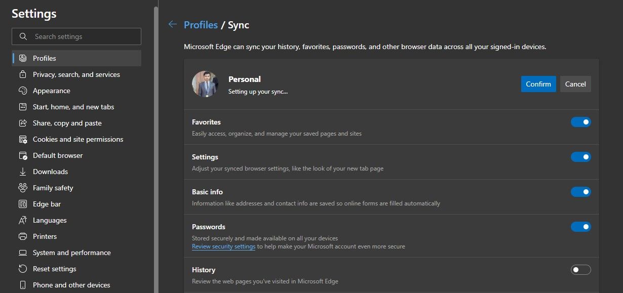 Turning on Sync in Microsoft Edge Browser
