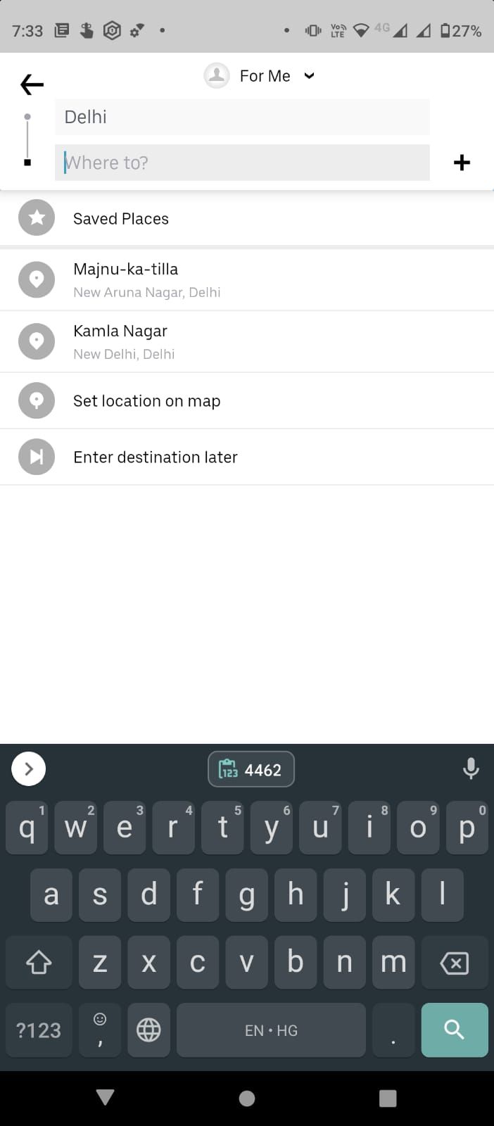 Uber app entering destination page