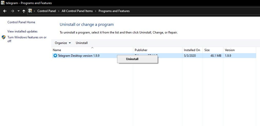 Uninstalling Telegram App in Windows Control Panel