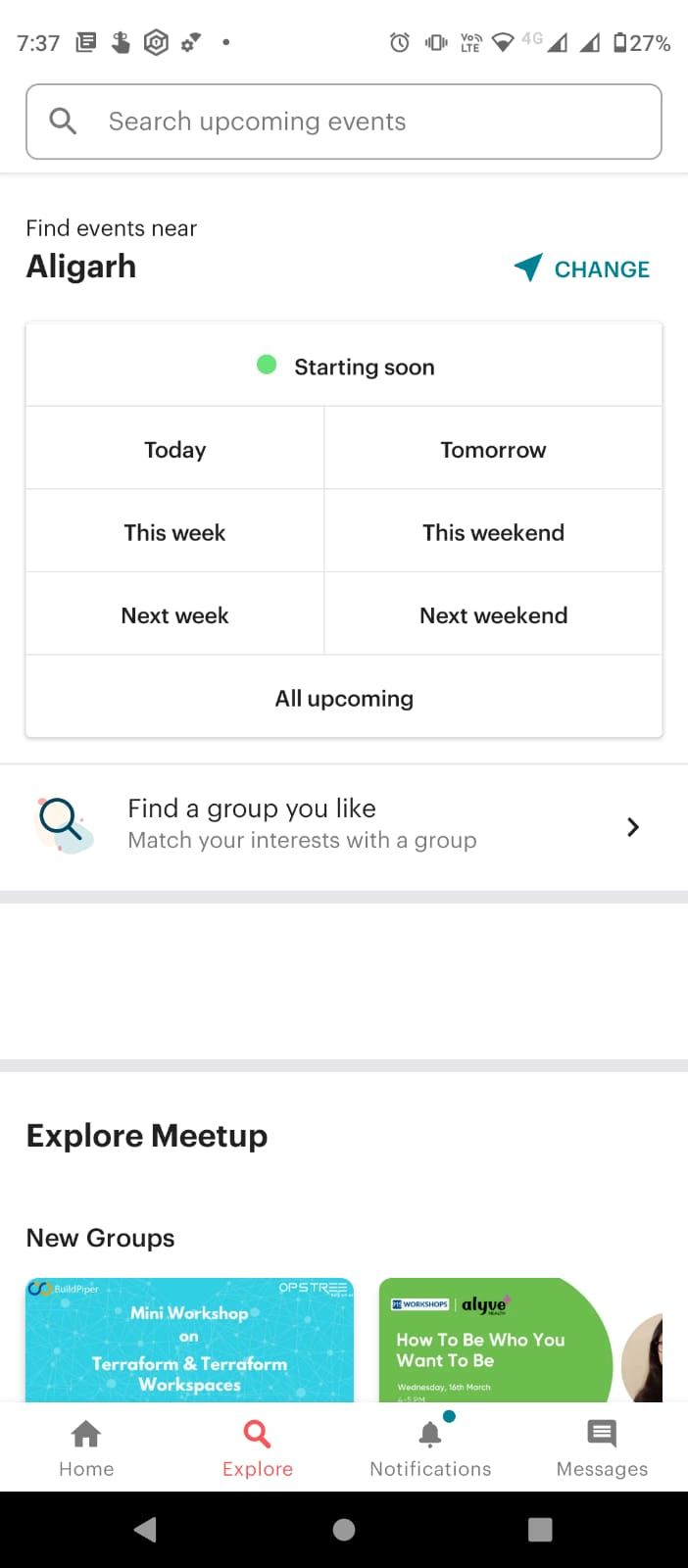 Upcoming events on meet up app