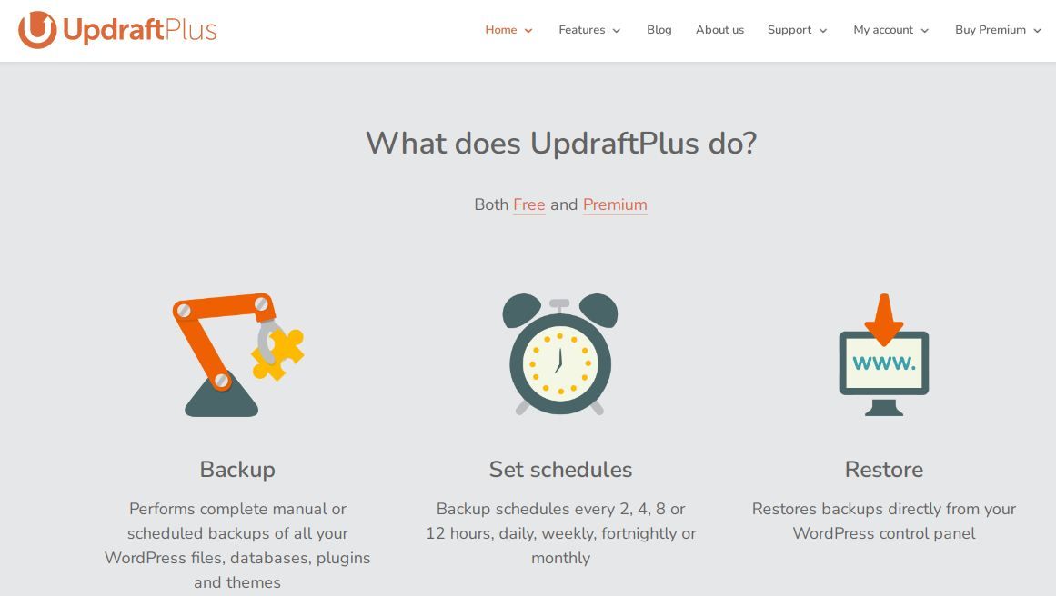 A screenshot of the UpdraftPlus home page