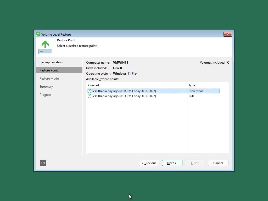 Veeam Agent Recovery Choose Restore Point