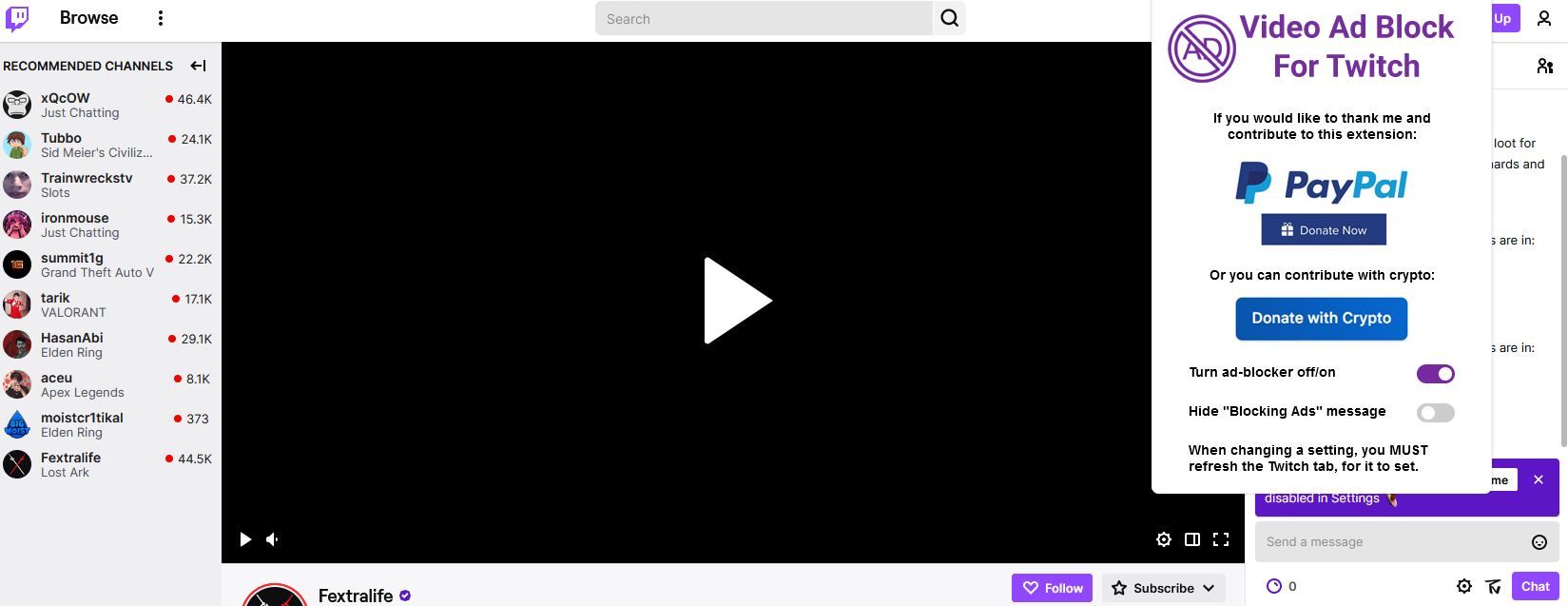 A Screenshot of the Video Ad-Block, for Twitch Firefox Extension in Use