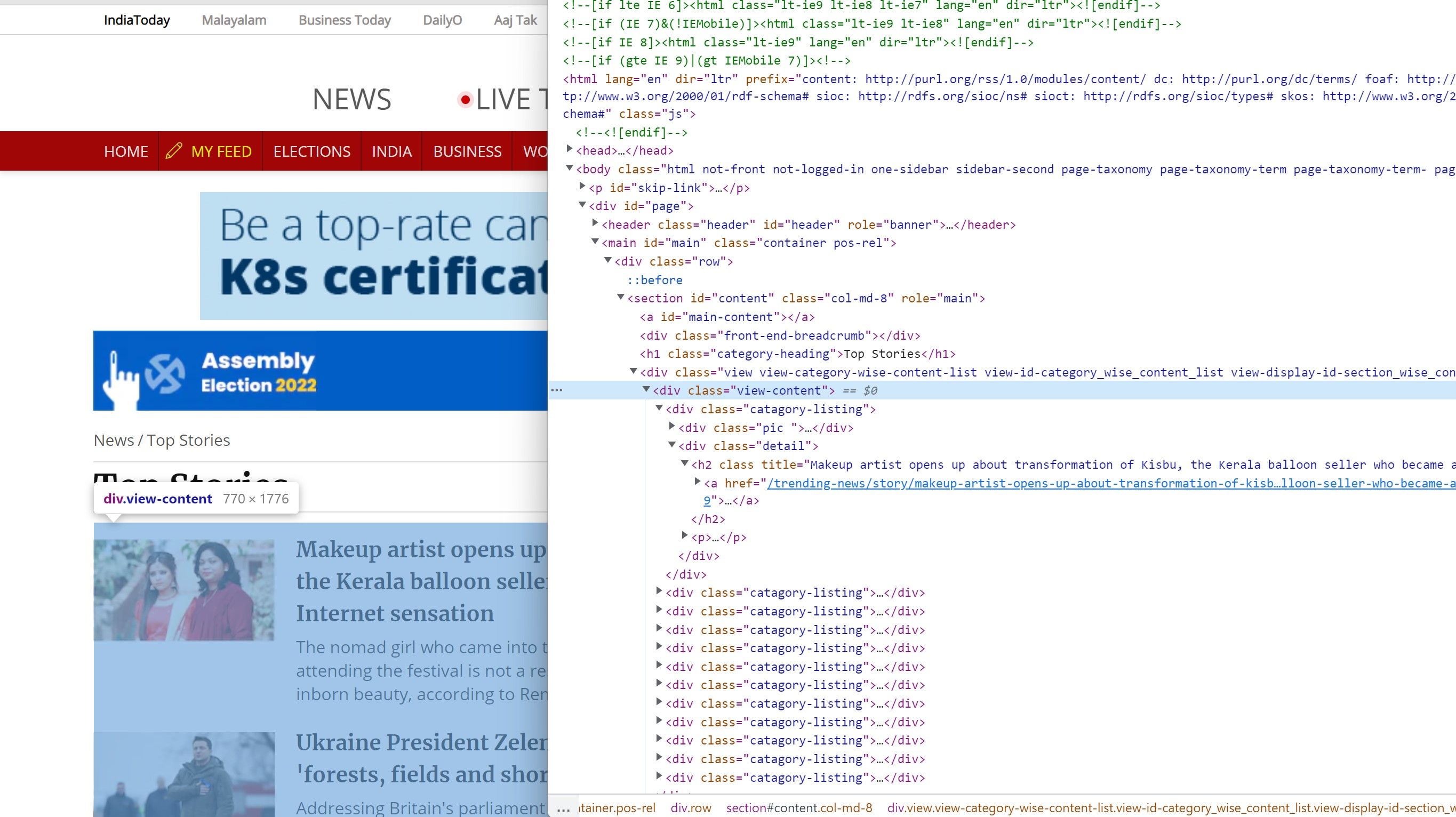 HTML code window on the India Today website