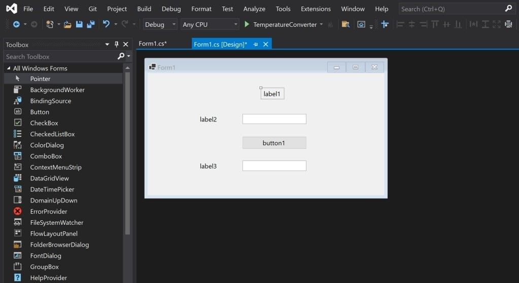 Visual Studio Canvas With Three Labels, Two Text Boxes and a Button