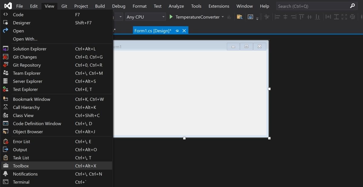 Opening the View Tab in Visual Studio to View the Toolbar
