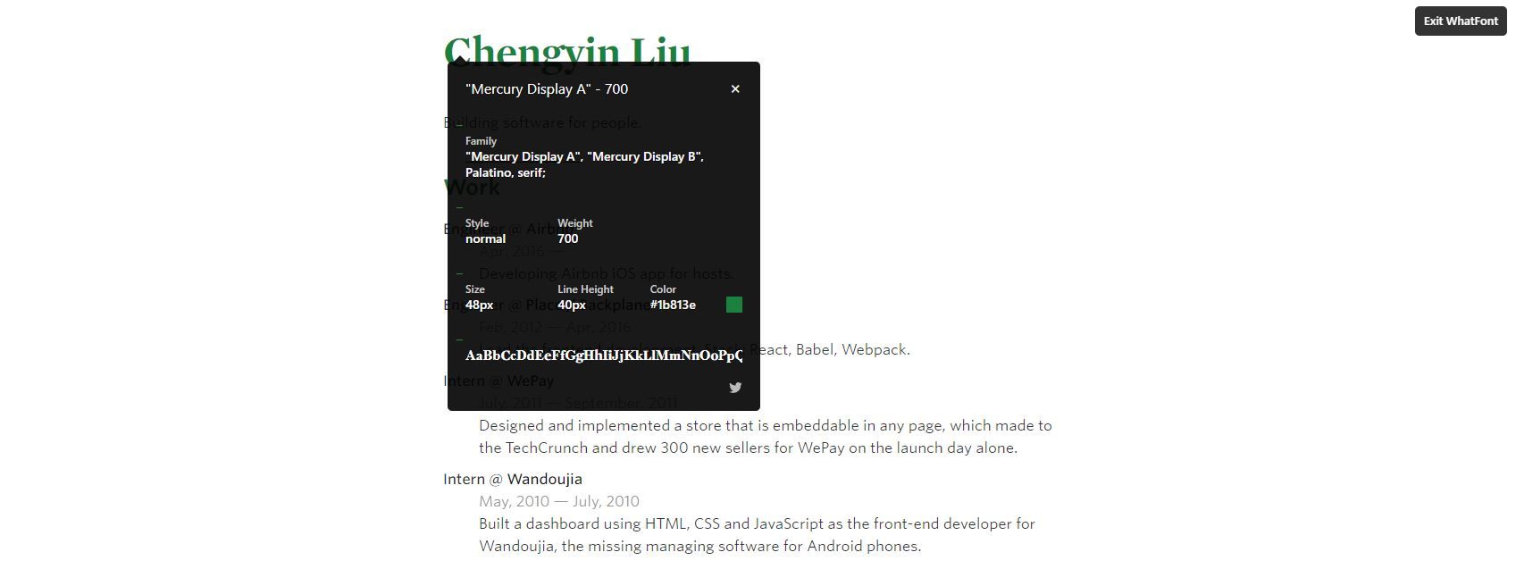 A Screenshot of the WhatFont Extension in Use