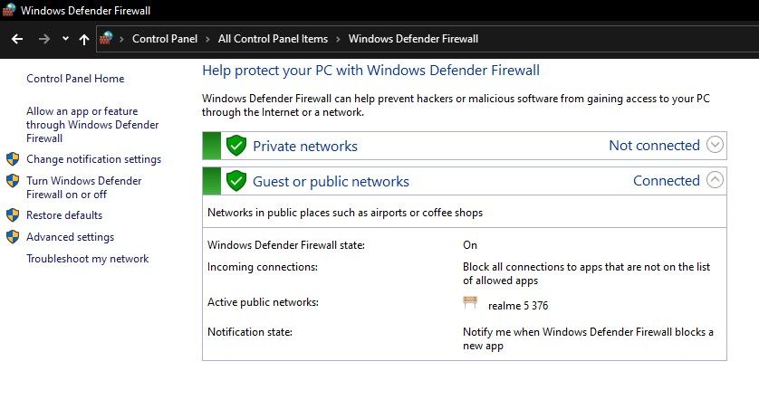 Windows Defender Firewall Settings in Windows 10 Control Panel