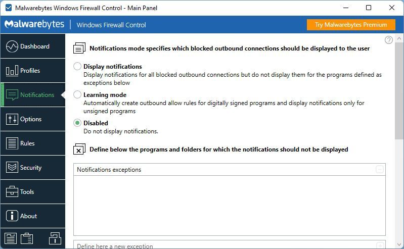 Windows Firewall Control Main Panel Notifications