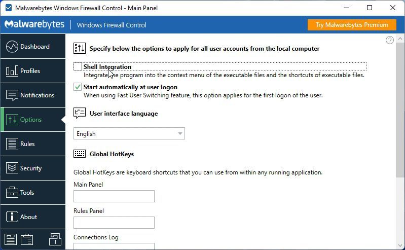Windows Firewall Control Main Panel Options