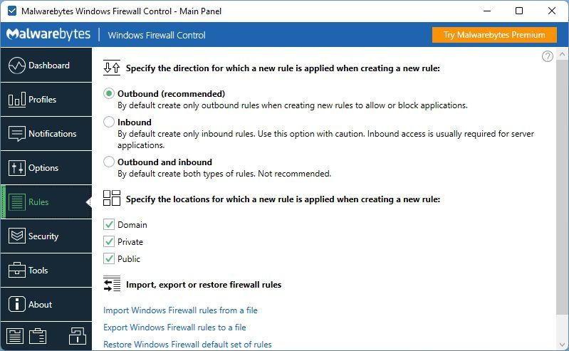 Windows Firewall Control Main Panel Rules