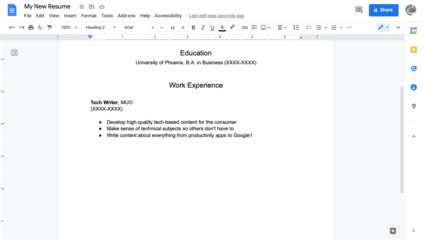 Image shows the work experience inside resume in Google Docs
