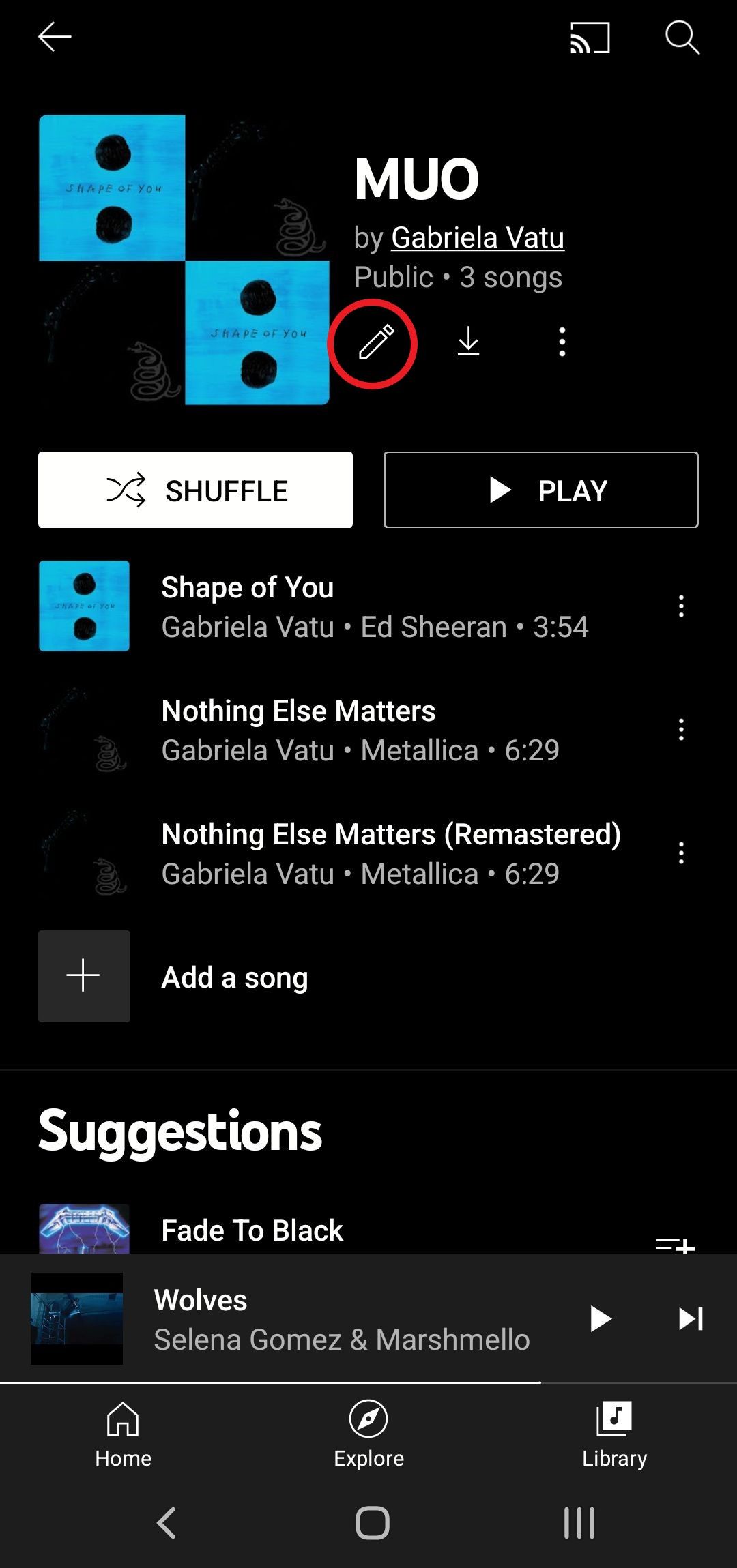YouTube Music Edit button