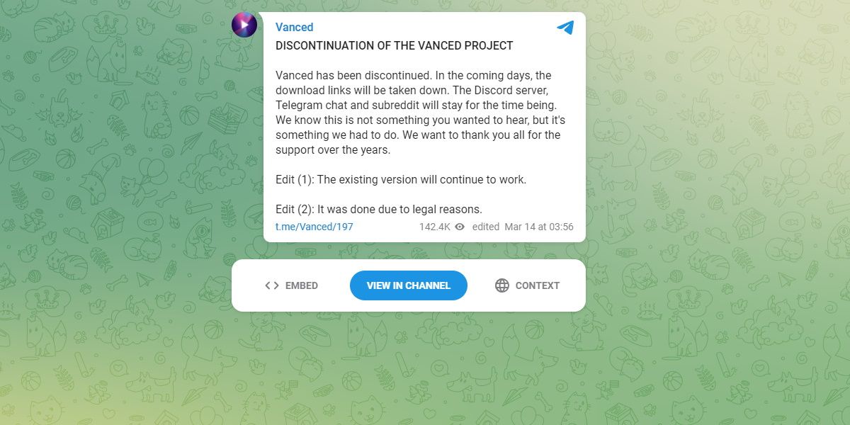 screenshot of the youtube vanced telegram announcement 