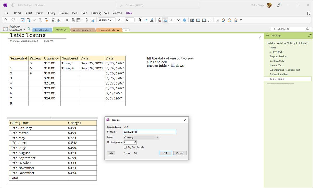 add formula to tables in OneNote