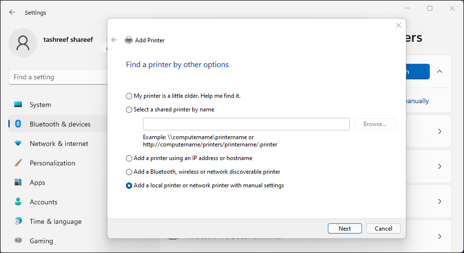 add local printer network with manual settings