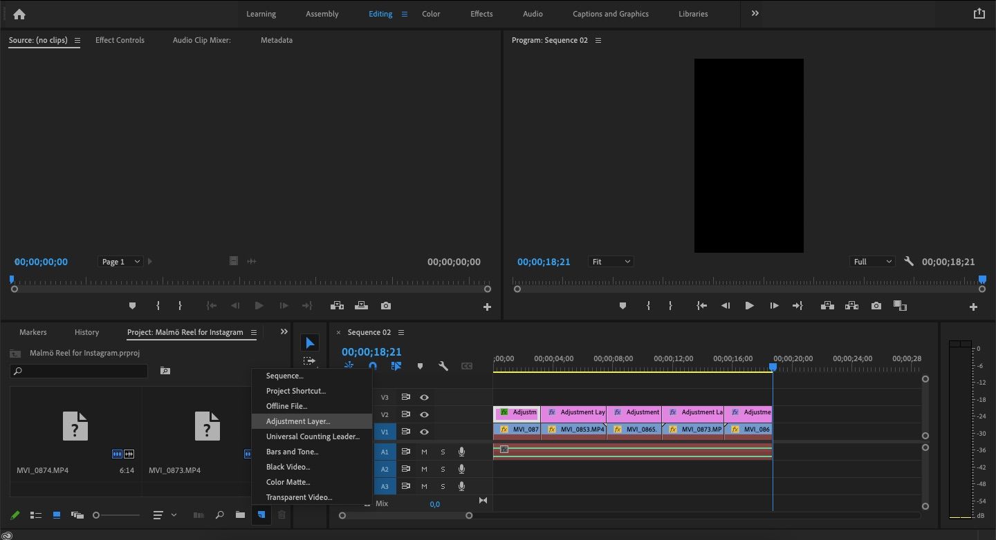 screenshot showing how to adjustment layer premiere pro