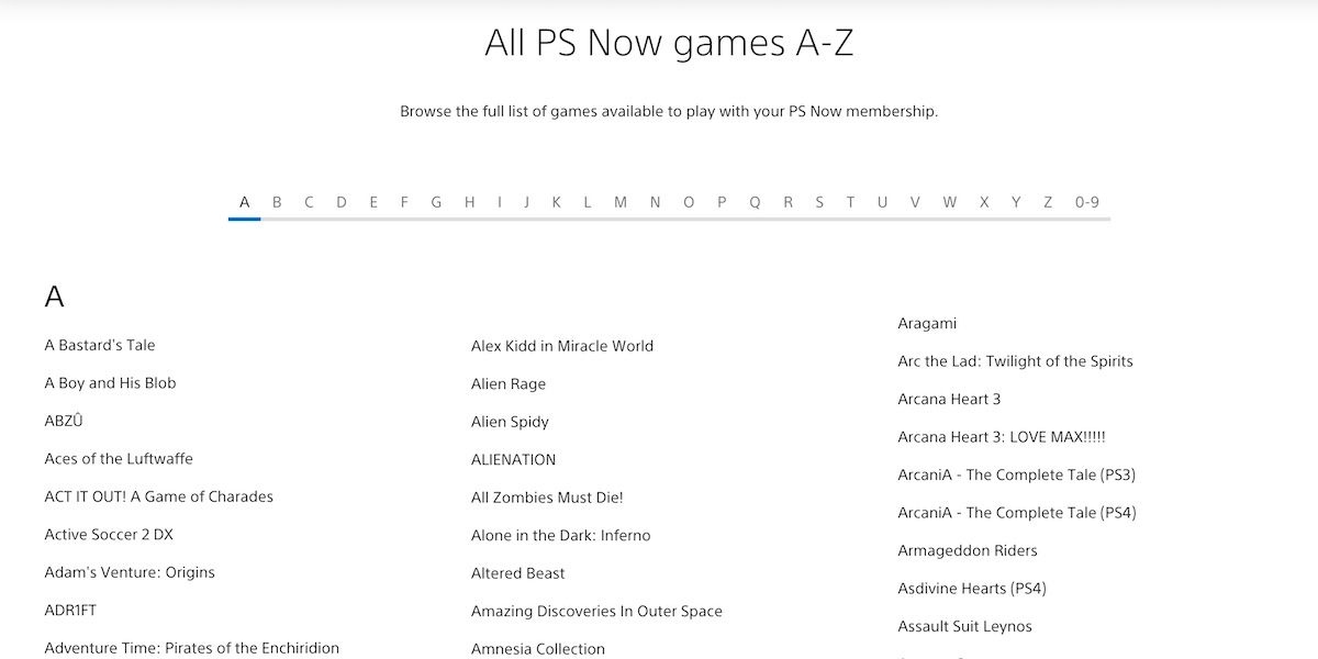All PS Now games A-Z on the A section on the PlayStation website.