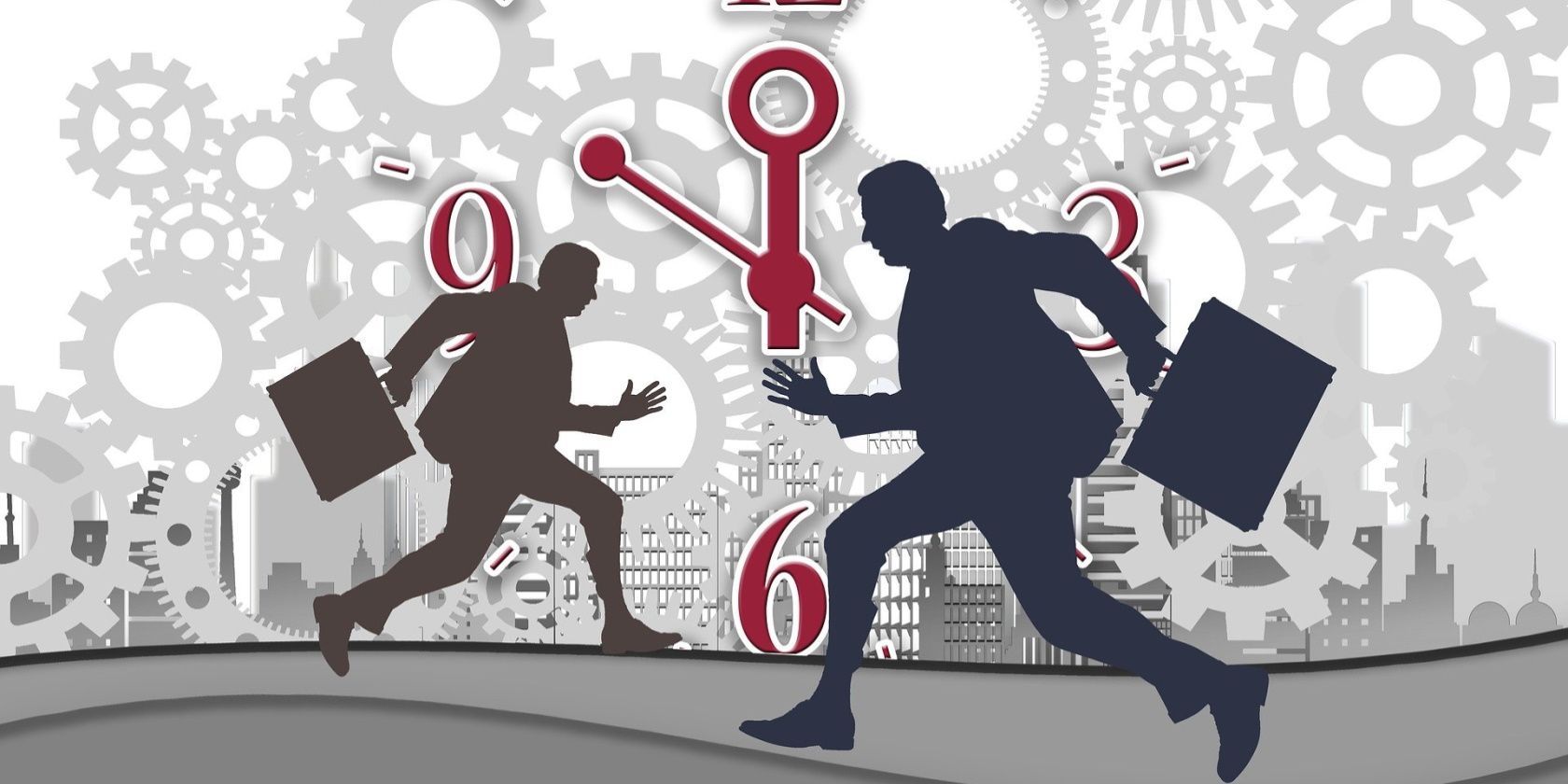 Two male silhouettes running with a clock in the background