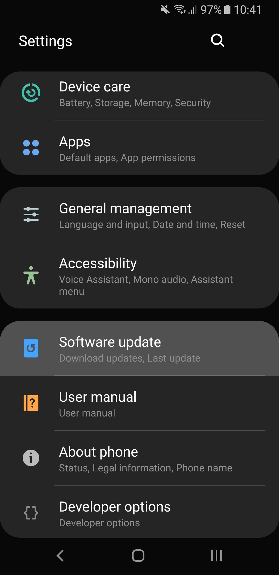 android settings with software update highlighted
