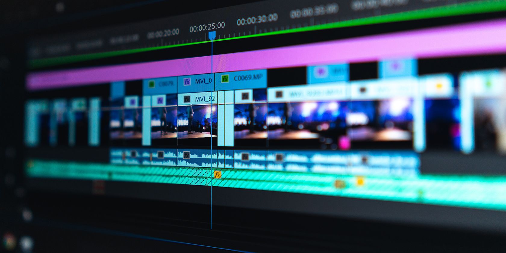 Macro shot of an animation timeline on computer screen.